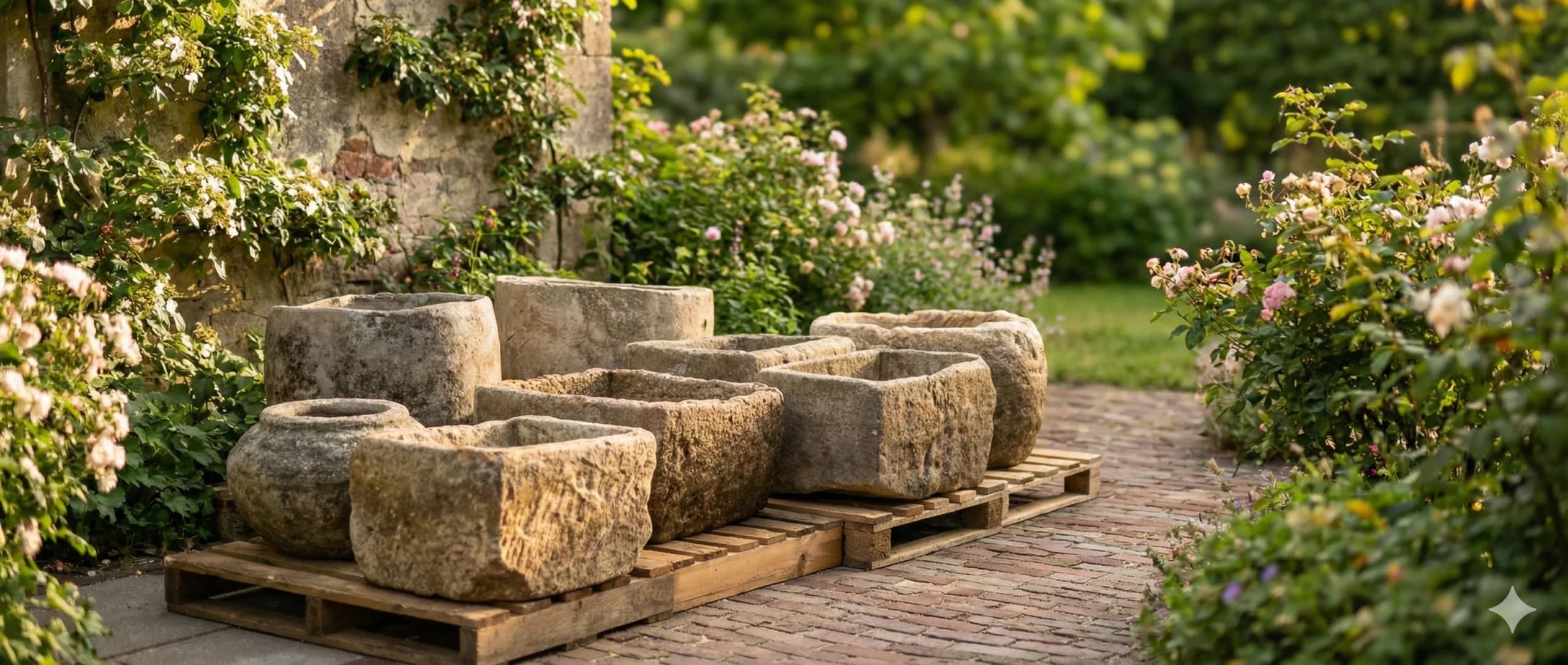 Authentieke natuurstenen potten in onze tuin